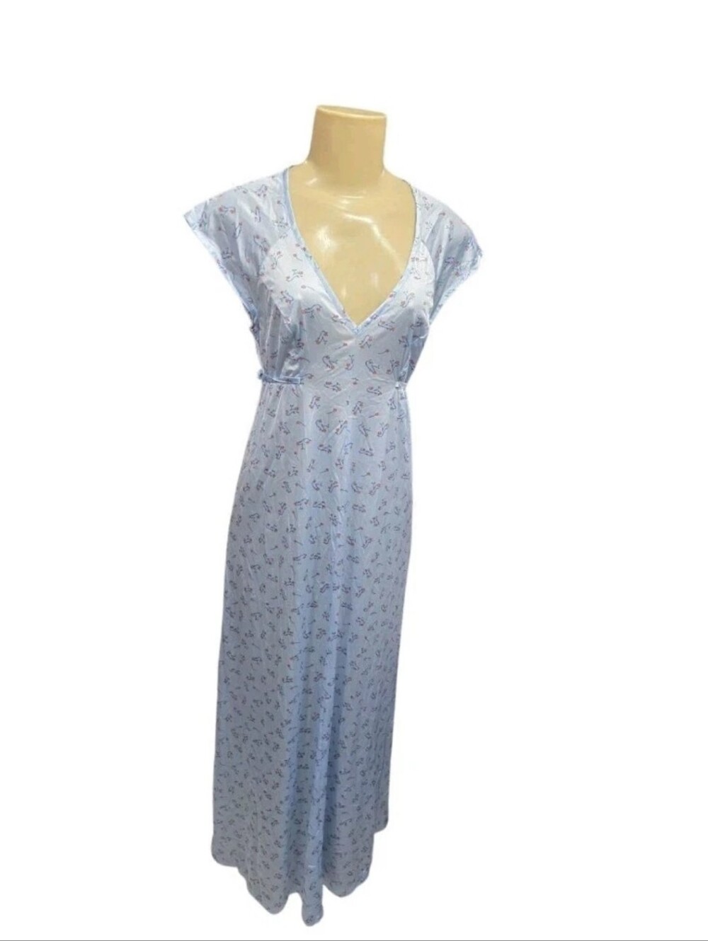 Vintage Vassarette Light Blue Floral Maxi Nightgown Cap Sleeve Tie Back